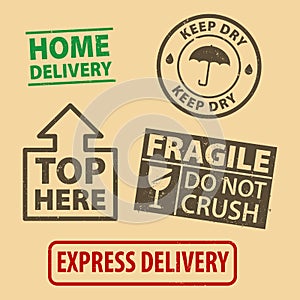 Set of fragile sticker Do not crush and case icon packaging symbols sign, fragile and Keep Dry rubber stamp on cardboard backgroun