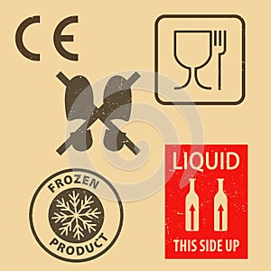 Set of fragile sticker handle with care and case icon packaging symbols sign, do not step on, frozen product rubber stamp on cardb