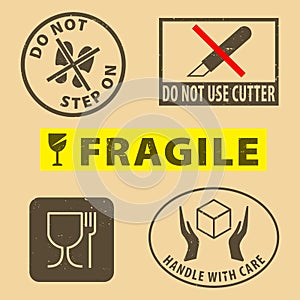 Set of fragile sticker handle with care and case icon packaging symbols sign, do not use cutter, do not steo on rubber stamp on ca