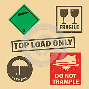 Set of fragile sticker Keep Dry, Fragile icon packaging symbols sign, Do Not Trample rubber stamp on cardboard background, vector