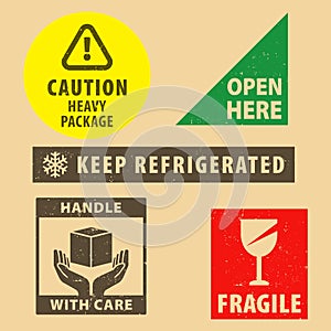 Set of fragile sticker keep refrigerated and case icon packaging symbols sign, open here and caution heavy package