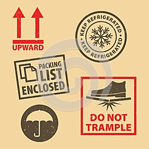 Set of fragile sticker Keep Refrigerated icon packaging symbols sign, Do Not Trample rubber stamp on cardboard background, vector