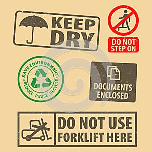 Set of fragile sticker special delivery and case icon packaging symbols sign, keep dry, do not step on rubber stamp on cardboard b