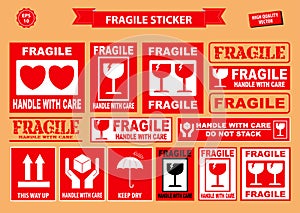 Set of fragile sticker. using on industrial, packaging division, or other cargo industries.