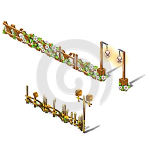 A set of fragments of a wooden fence decorated with fresh flowers isolated on white background. Vector cartoon close-up