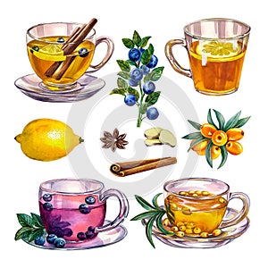 A set with fragrant antiviral tea with lemon, cinnamon and ginger and star anise and blueberries and sea buckthorn.