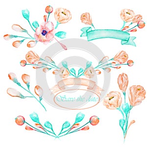 A set with the frame borders, floral decorative ornaments with the watercolor blooming pink