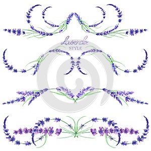 A set with the frame borders, floral decorative ornaments with the watercolor lavender flowers for a wedding or other decoration