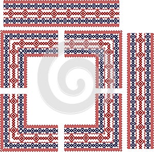 Set of frame elements for russian, ukrainian and scandinavian national knit styled border, red and blue colors