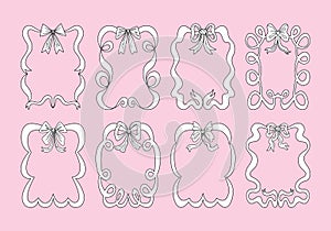 Lace wavy white wedding frames set with bows and ribbons.