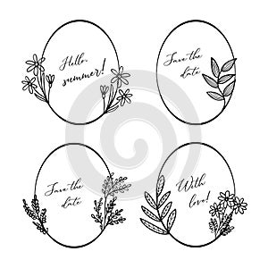 Set of frames with botanical elements. Field grass, branches with leaves and flowers. Line art hand drawing. Vector isolated