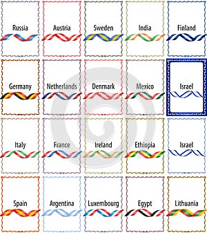 A set of frames of color ribbons flags of several countries