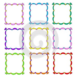 Set of frames. Frame templates are multicolored. Frames with ribbons. Vector isolated on white background.