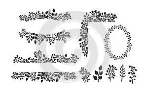 Set frames Split border, floral monogram frame floral elements in doodle style isolated on white background. Elegant