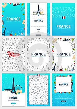 Set of France and Paris travel banners. With flat and doodle elements. Doodles background. Vector illustration.