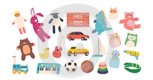 Set of Free Toys, Donation Playthings Doll, Sheep, Rabbit and Dinosaur, Teddy Bear, Rubber Duck, Car and Piano or Balls