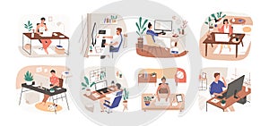 Set of freelance people working remotely vector flat illustration. Collection of man and woman use computer or laptop at