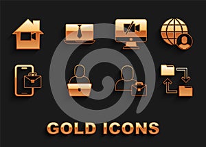 Set Freelancer, Cloud storage document folder, Video camera Off on computer, in home and chat conference icon. Vector