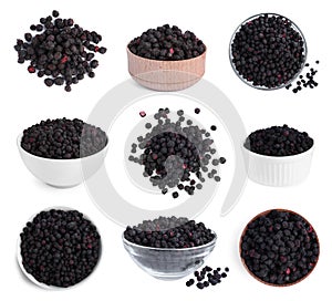 Set with freeze dried blueberries on white background