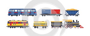 Set of freight train with wagons, tanks, freight, cisterns. Railway locomotive train with oil wagon, transportation cargo, railway