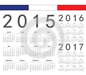 Set of french 2015, 2016, 2017 year vector calendars