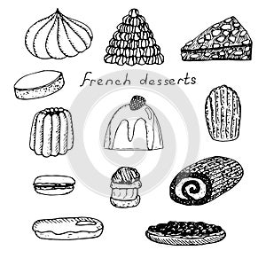 Set of French desserts, vector illustration, meringue, croquembouche, grillage, calisson, blancmange, Madeleine cookies, macaroon