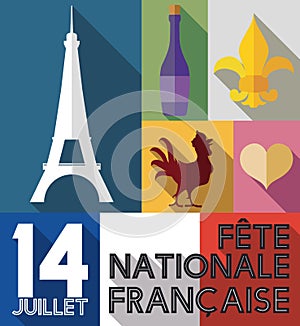 Set of French Elements with Long Shadow for Bastille Day, Vector Illustration