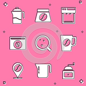 Set French press, Bag of coffee beans, Coffee machine, cup, Location with and pot icon. Vector