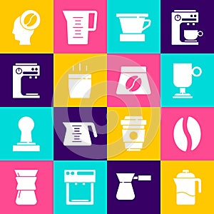 Set French press, Coffee beans, Irish coffee, V60 maker, cup, machine, Barista and Bag icon. Vector