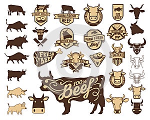 Set of the fresh beef logo. Cow icons.
