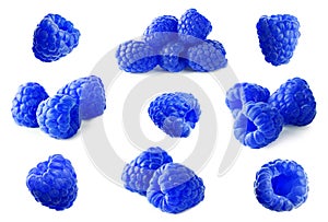 Set of fresh blue raspberries on white background
