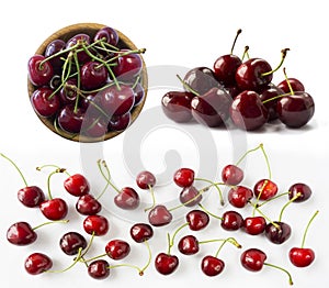 Set of fresh cherries. Fresh red cherries lay on white isolated background with copy space. Cherries in a bowl. Background of cher