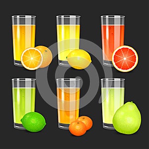 Set of fresh citrus juices.