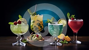 Set of fresh colorful alcoholic cocktails, dark background. Delicious summer drinks, hot summer holidays. Generative AI