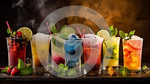 Set of fresh colorful alcoholic cocktails, dark background. Delicious summer drinks, hot summer holidays. Generative AI
