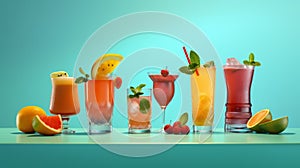 Set of fresh colorful alcoholic cocktails with fruits, delicious summer ice drinks, hot sunny holidays. Generative AI