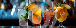 set of fresh and colorful exotic alcohol cocktail on counter in nightclub, collection of cold and fancy tropical drinks