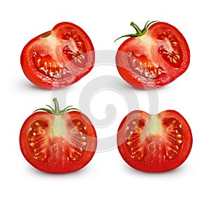 Set of fresh cut tomatoes with stem isolated on a white background. Several summer vegetables for packaging design of juice,