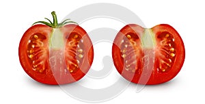 Set of fresh cut tomatoes with stem isolated on white background. Several summer vegetables for packaging design of juice, ketchup