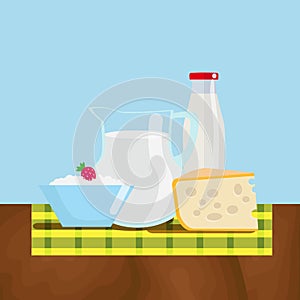 Set of fresh dairy products from the farm. Natural healthy food. Flat vector illustration, EPS10.