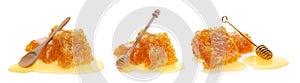Set with fresh delicious honeycombs and dippers on white background. Banner design