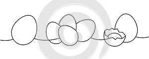 Set of fresh eggs one line continuous drawing. Boiled eggs, broken eggshell, omelette, protein and yolk. Vector