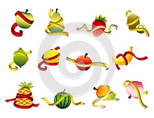Set of fresh fruit and ruler health icon