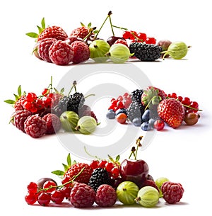 Set of fresh fruits and berries. Fruits and berries isolated on white background. Ripe currants, raspberries, cherries, strawberri