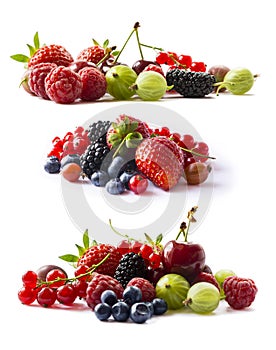 Set of fresh fruits and berries isolated a white background. Ripe currants, raspberries, cherries, strawberries, gooseberries, mul