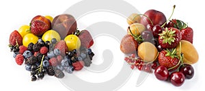 Set of fresh fruits and berries isolated on white. Mix berries on a white. Berries and fruits with copy space for text. Ripe straw