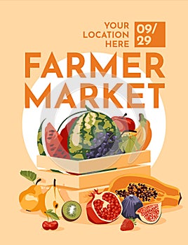 A set of fresh fruits in a wooden box. Agriculture, farmers market, local produce, shopping and harvesting, text poster. Vector