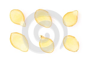 Set of fresh ginger root sliced on white background for herb and medical product concept