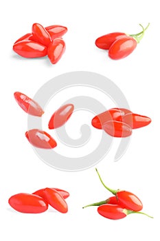 Set of fresh goji berries on background