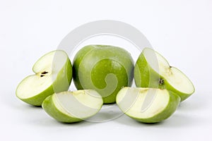 Set of fresh green apple isolated with sliced parts Apples on white background., whole, half, slice green apple with clipping path